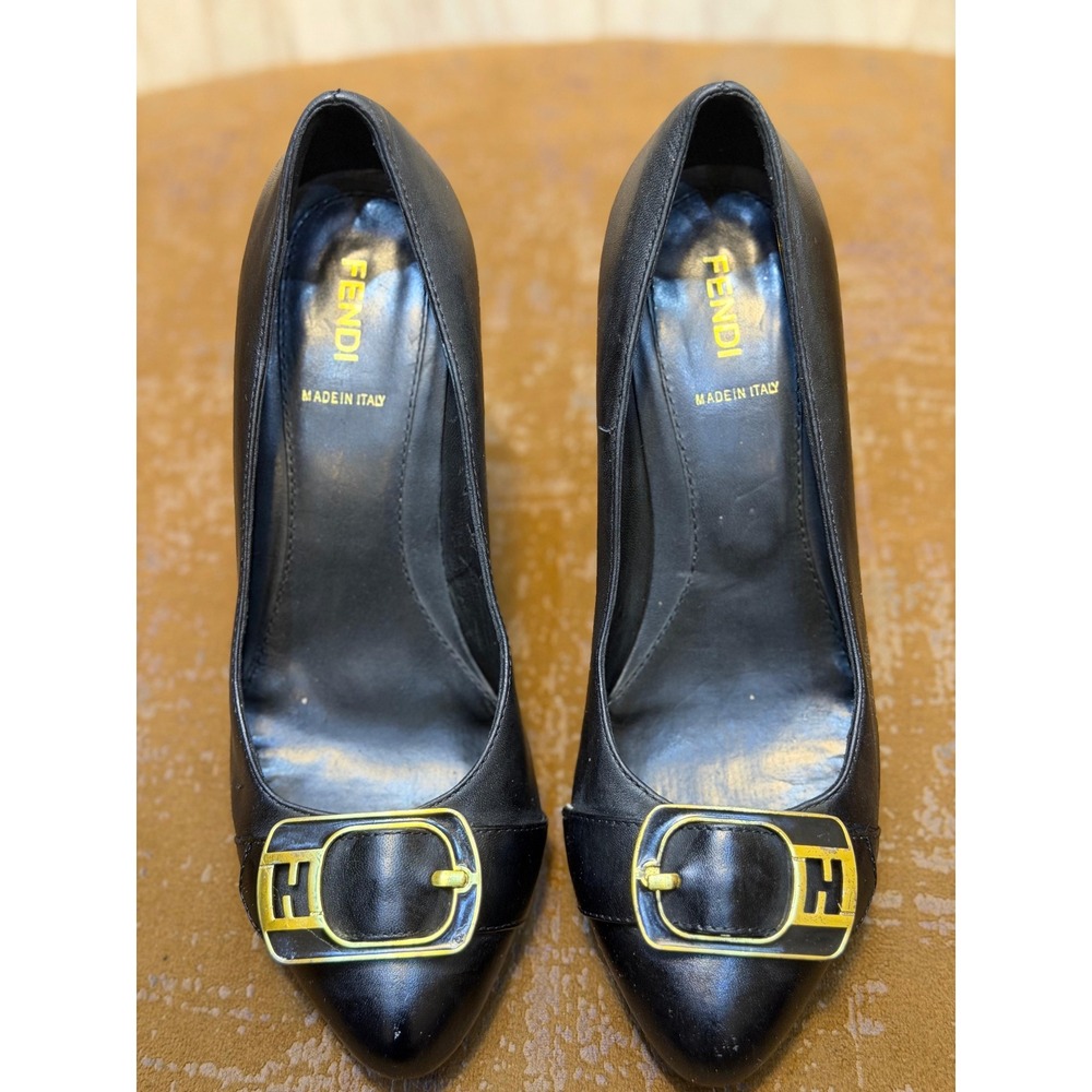Fendi Black Leather Pointed Toe Logo Buckle Pumps Heels Size 36 Made in Italy